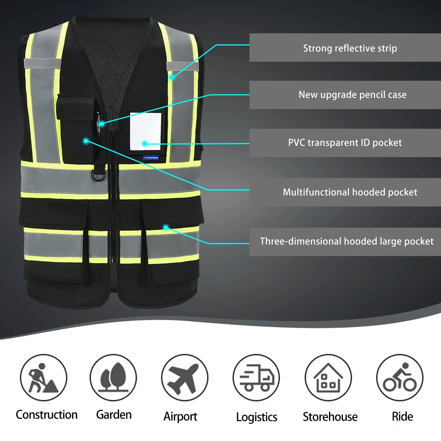 AYKRM High Visibility Safety Vest with Pockets and Zipper,Yellow Orange(XS-6XL)