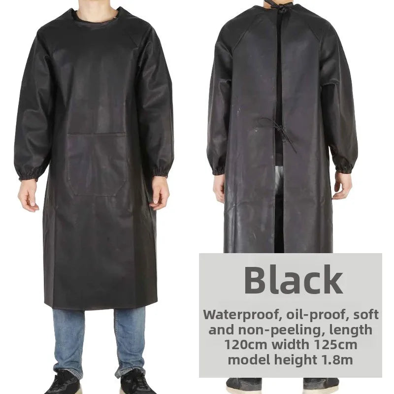 Waterproof PU Leather Work Apron Long Sleeve Thickened Wear-Resistant Smock for Seafood Processing Household Use