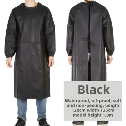 Waterproof PU Leather Work Apron Long Sleeve Thickened Wear-Resistant Smock for Seafood Processing Household Use