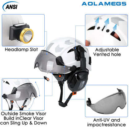 CE Construction Safety Helmet With Visor Built In Goggles Earmuffs Reflective Stickers For Engineer ABS Hard Hat ANSI Industrial