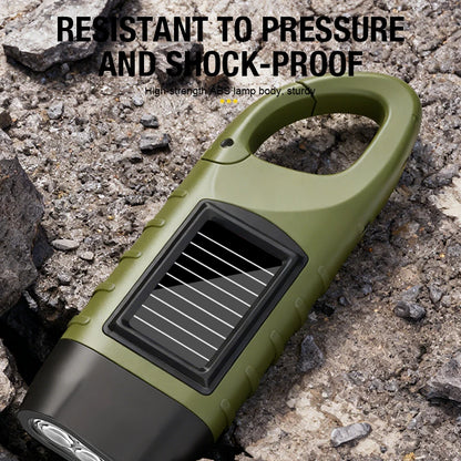 Multi functional flashlight with buckle design, outdoor emergency light, solar powered hand cranked charging ABS work light