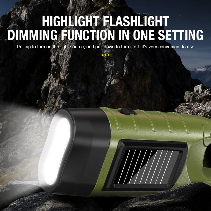 Multi functional flashlight with buckle design, outdoor emergency light, solar powered hand cranked charging ABS work light