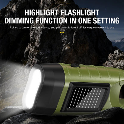Multi functional flashlight with buckle design, outdoor emergency light, solar powered hand cranked charging ABS work light
