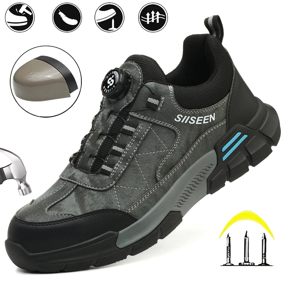 Men's Industrial Safety Shoes Steel Toe Anti-Puncture Kevlar Fashionable Button Detail Anti-Slip Sole Comfort Work Boots