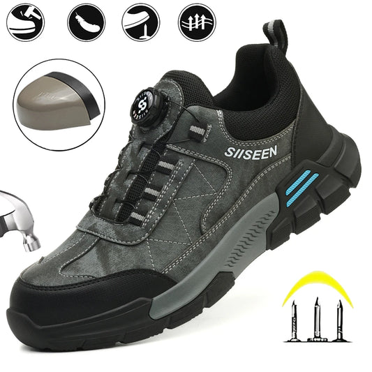 Men's Industrial Safety Shoes Steel Toe Anti-Puncture Kevlar Fashionable Button Detail Anti-Slip Sole Comfort Work Boots