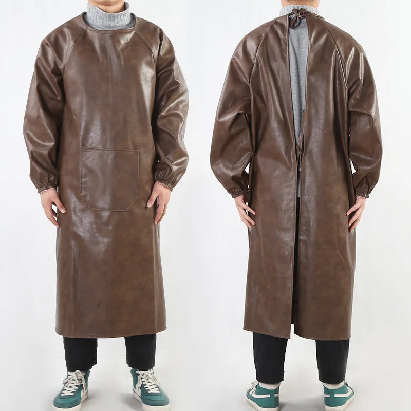 Waterproof PU Leather Work Apron Long Sleeve Thickened Wear-Resistant Smock for Seafood Processing Household Use