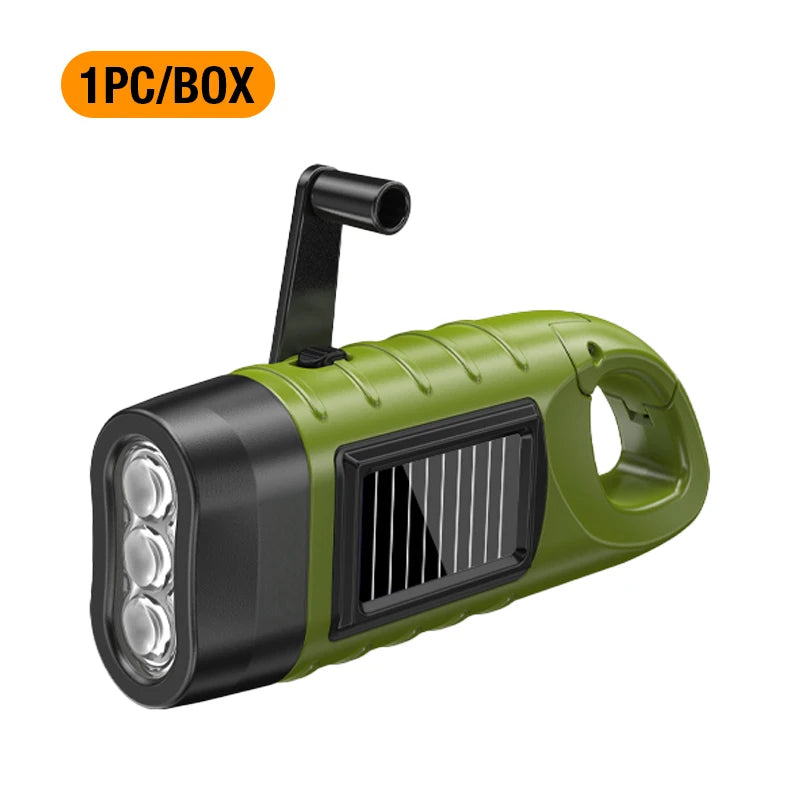Multi functional flashlight with buckle design, outdoor emergency light, solar powered hand cranked charging ABS work light
