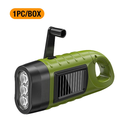 Multi functional flashlight with buckle design, outdoor emergency light, solar powered hand cranked charging ABS work light