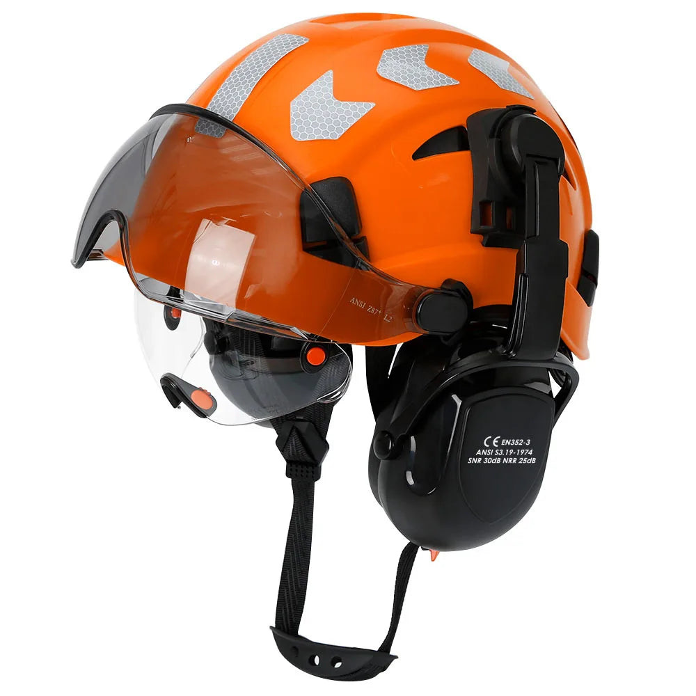 CE Construction Safety Helmet With Visor Built In Goggles Earmuffs Reflective Stickers For Engineer ABS Hard Hat ANSI Industrial