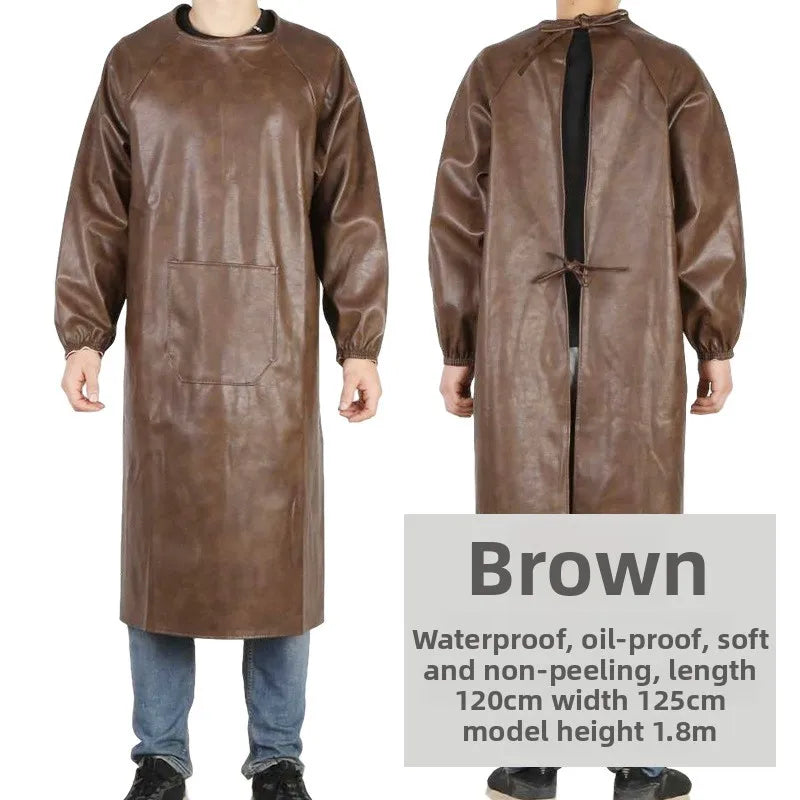 Waterproof PU Leather Work Apron Long Sleeve Thickened Wear-Resistant Smock for Seafood Processing Household Use