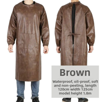 Waterproof PU Leather Work Apron Long Sleeve Thickened Wear-Resistant Smock for Seafood Processing Household Use