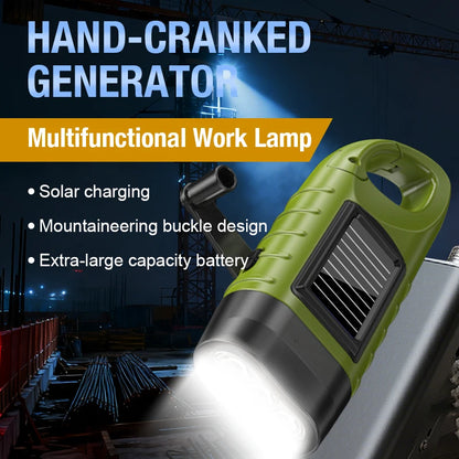Multi functional flashlight with buckle design, outdoor emergency light, solar powered hand cranked charging ABS work light