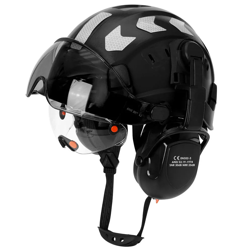 CE Construction Safety Helmet With Visor Built In Goggles Earmuffs Reflective Stickers For Engineer ABS Hard Hat ANSI Industrial