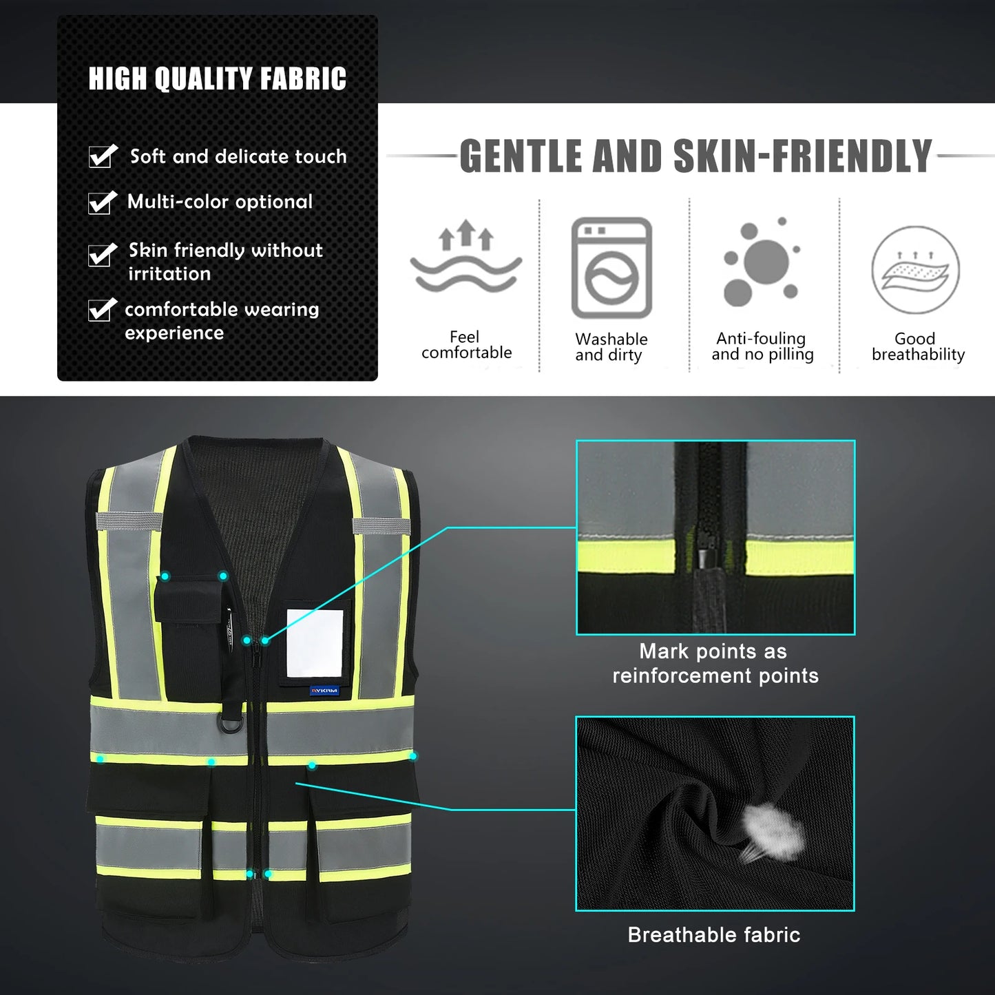 AYKRM High Visibility Safety Vest with Pockets and Zipper,Yellow Orange(XS-6XL)