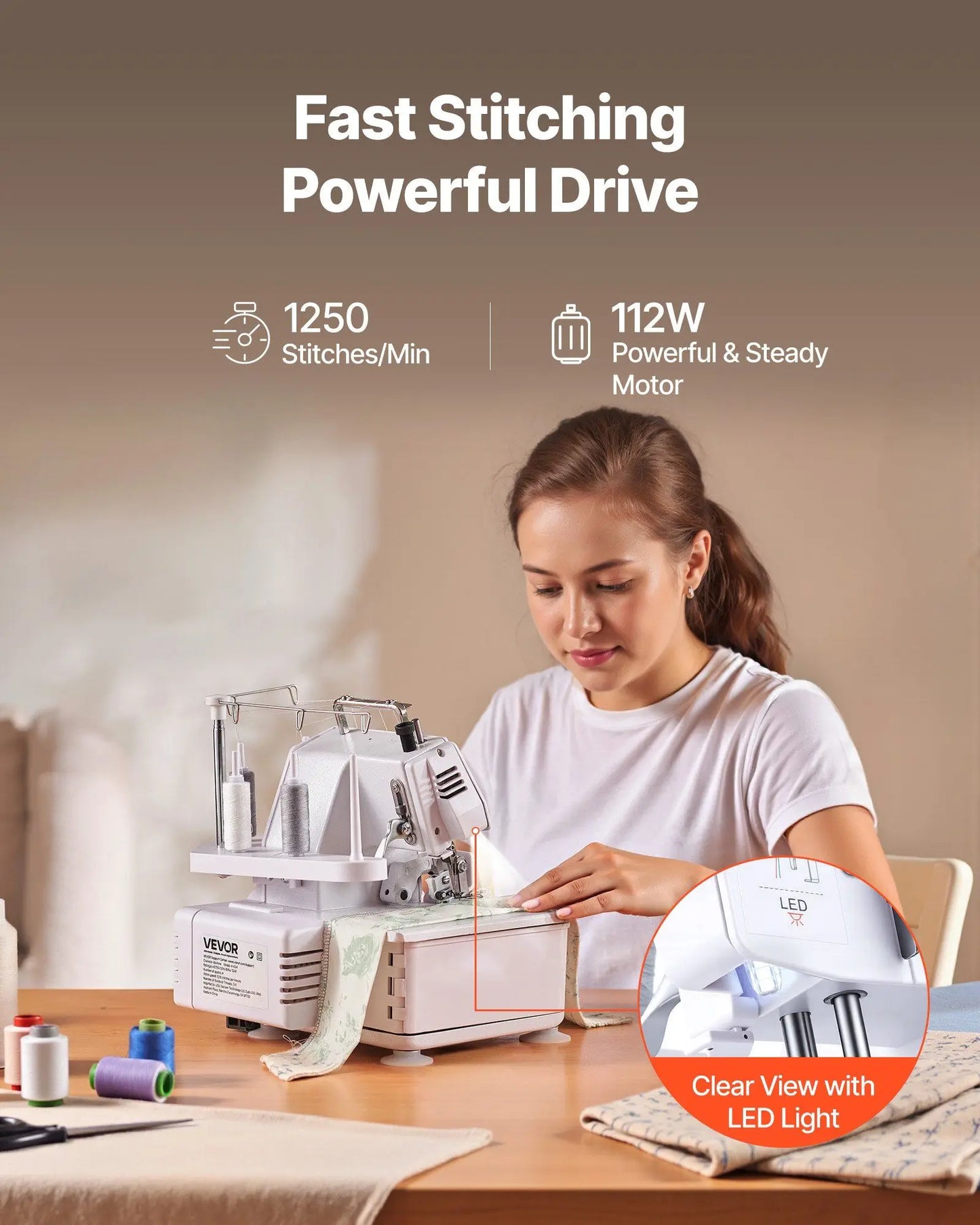 Serger Overlock Sewing Machine, 1250 Stitches Per Minute, 3 and 4 Thread Capability, with LED Light and Strong Suction Feet,