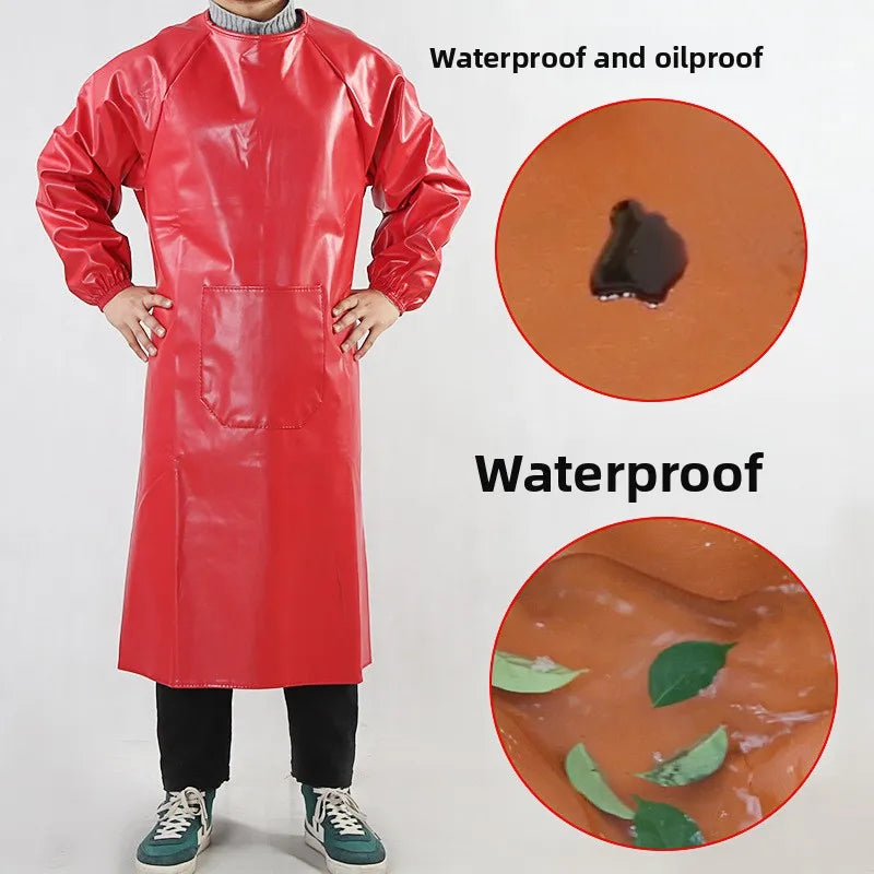 Waterproof PU Leather Work Apron Long Sleeve Thickened Wear-Resistant Smock for Seafood Processing Household Use