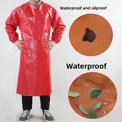 Waterproof PU Leather Work Apron Long Sleeve Thickened Wear-Resistant Smock for Seafood Processing Household Use
