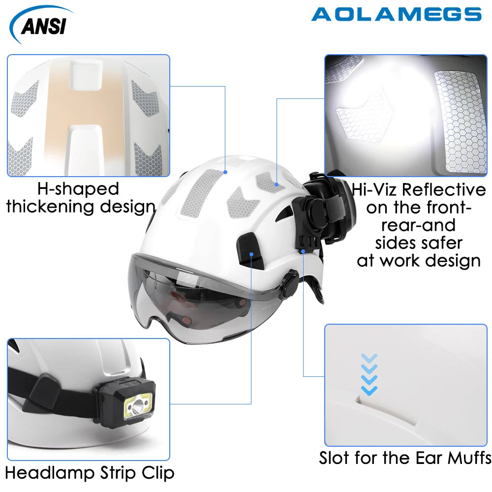CE Construction Safety Helmet With Visor Built In Goggles Earmuffs Reflective Stickers For Engineer ABS Hard Hat ANSI Industrial