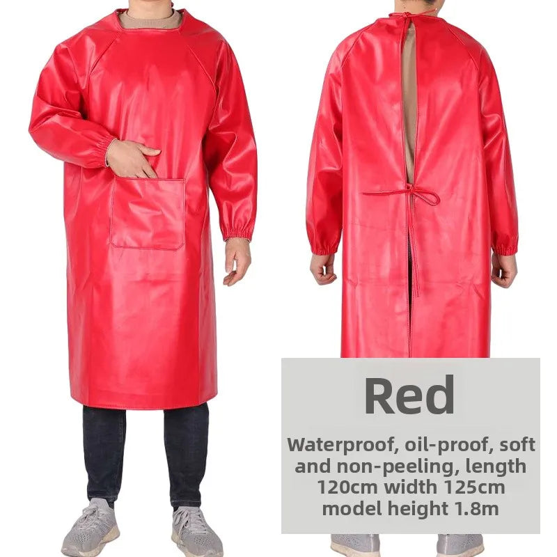 Waterproof PU Leather Work Apron Long Sleeve Thickened Wear-Resistant Smock for Seafood Processing Household Use