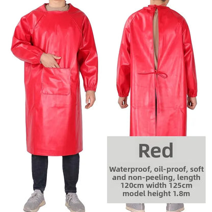 Waterproof PU Leather Work Apron Long Sleeve Thickened Wear-Resistant Smock for Seafood Processing Household Use