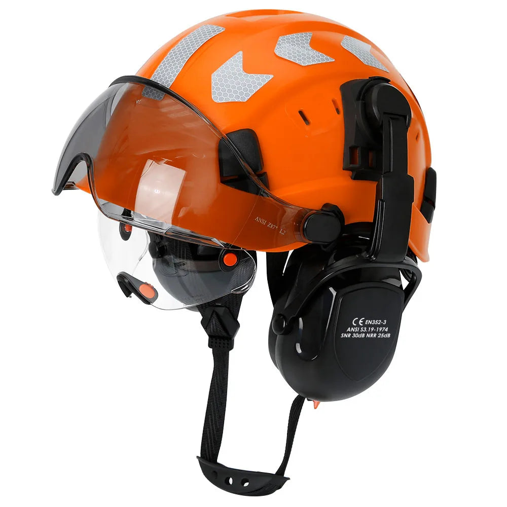 CE Construction Safety Helmet With Visor Built In Goggles Earmuffs Reflective Stickers For Engineer ABS Hard Hat ANSI Industrial