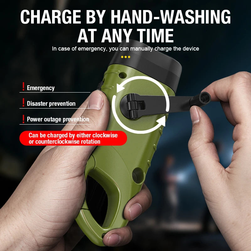 Multi functional flashlight with buckle design, outdoor emergency light, solar powered hand cranked charging ABS work light