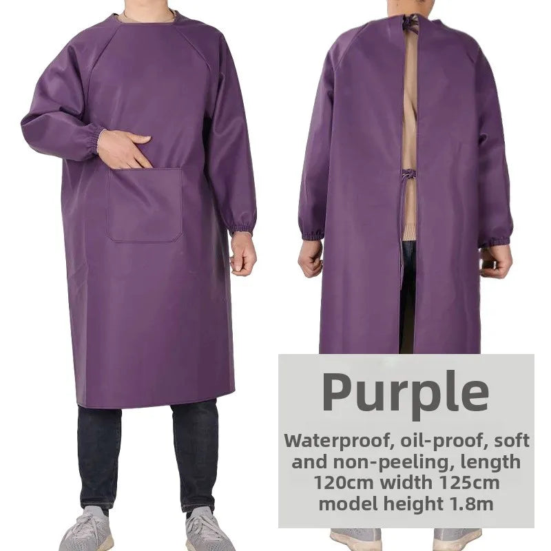 Waterproof PU Leather Work Apron Long Sleeve Thickened Wear-Resistant Smock for Seafood Processing Household Use