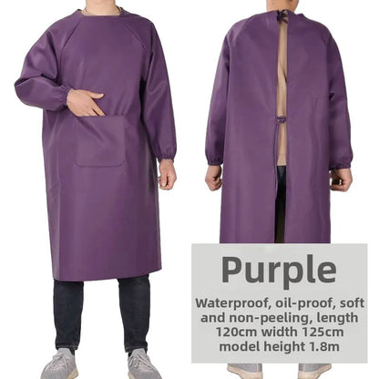 Waterproof PU Leather Work Apron Long Sleeve Thickened Wear-Resistant Smock for Seafood Processing Household Use