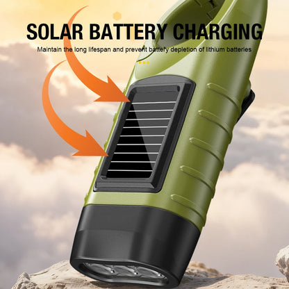 Multi functional flashlight with buckle design, outdoor emergency light, solar powered hand cranked charging ABS work light