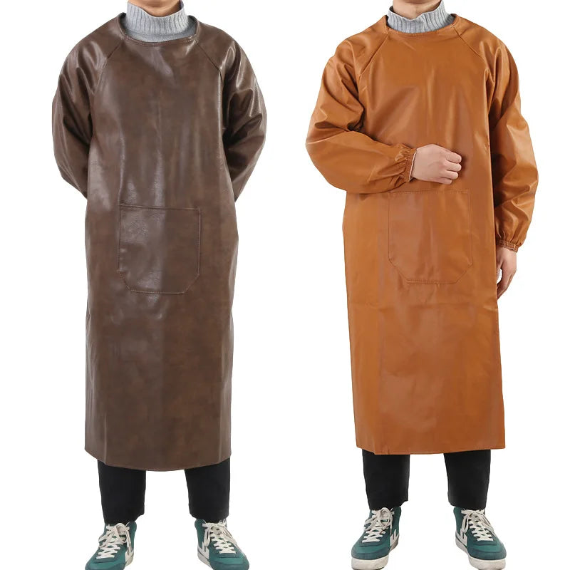 Waterproof PU Leather Work Apron Long Sleeve Thickened Wear-Resistant Smock for Seafood Processing Household Use