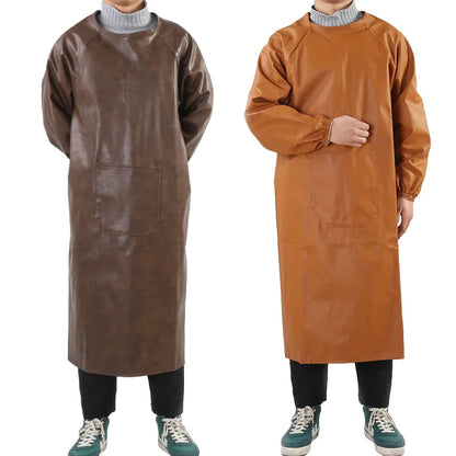 Waterproof PU Leather Work Apron Long Sleeve Thickened Wear-Resistant Smock for Seafood Processing Household Use