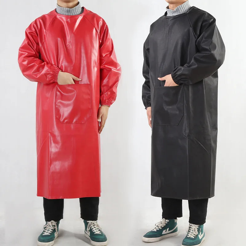 Waterproof PU Leather Work Apron Long Sleeve Thickened Wear-Resistant Smock for Seafood Processing Household Use