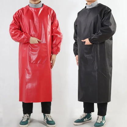 Waterproof PU Leather Work Apron Long Sleeve Thickened Wear-Resistant Smock for Seafood Processing Household Use