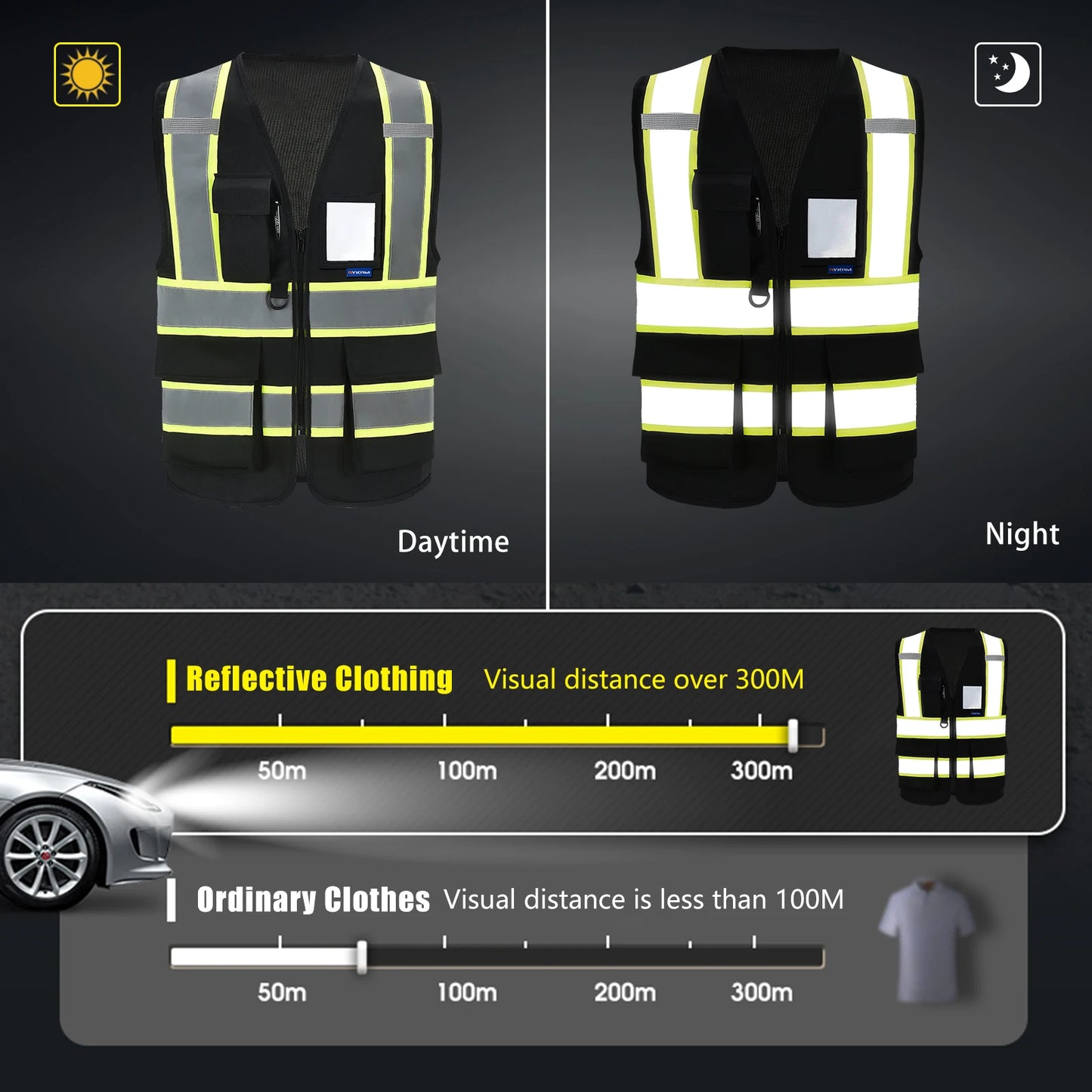 AYKRM High Visibility Safety Vest with Pockets and Zipper,Yellow Orange(XS-6XL)