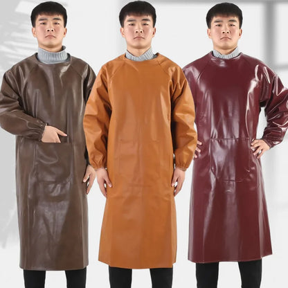 Waterproof PU Leather Work Apron Long Sleeve Thickened Wear-Resistant Smock for Seafood Processing Household Use