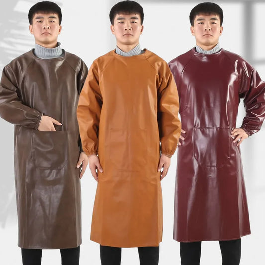 Waterproof PU Leather Work Apron Long Sleeve Thickened Wear-Resistant Smock for Seafood Processing Household Use