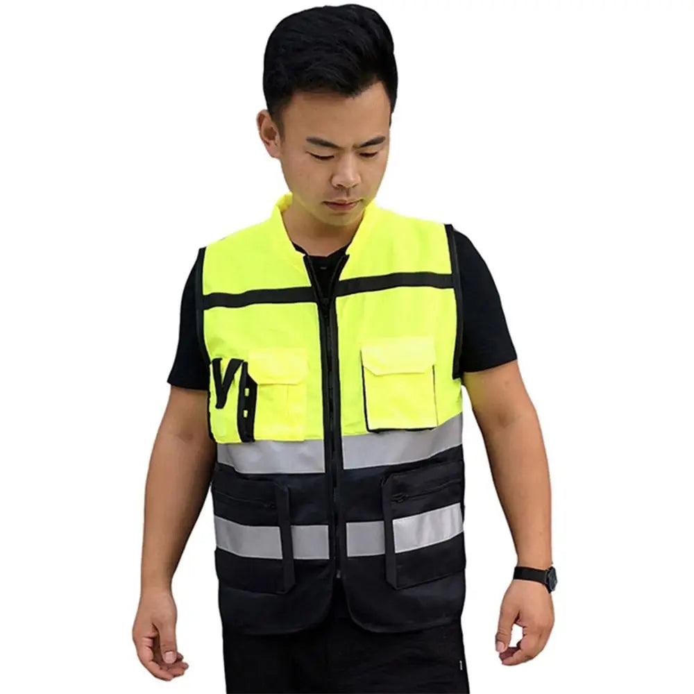 L-XXXXL Reflective Vest Security High Visibility Traffic Safe Clothing Pockets Design Black&yellow Color Matching Safety Wear