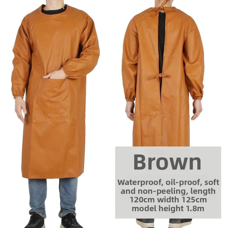 Waterproof PU Leather Work Apron Long Sleeve Thickened Wear-Resistant Smock for Seafood Processing Household Use
