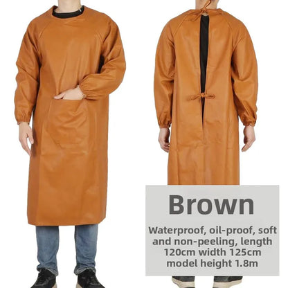 Waterproof PU Leather Work Apron Long Sleeve Thickened Wear-Resistant Smock for Seafood Processing Household Use